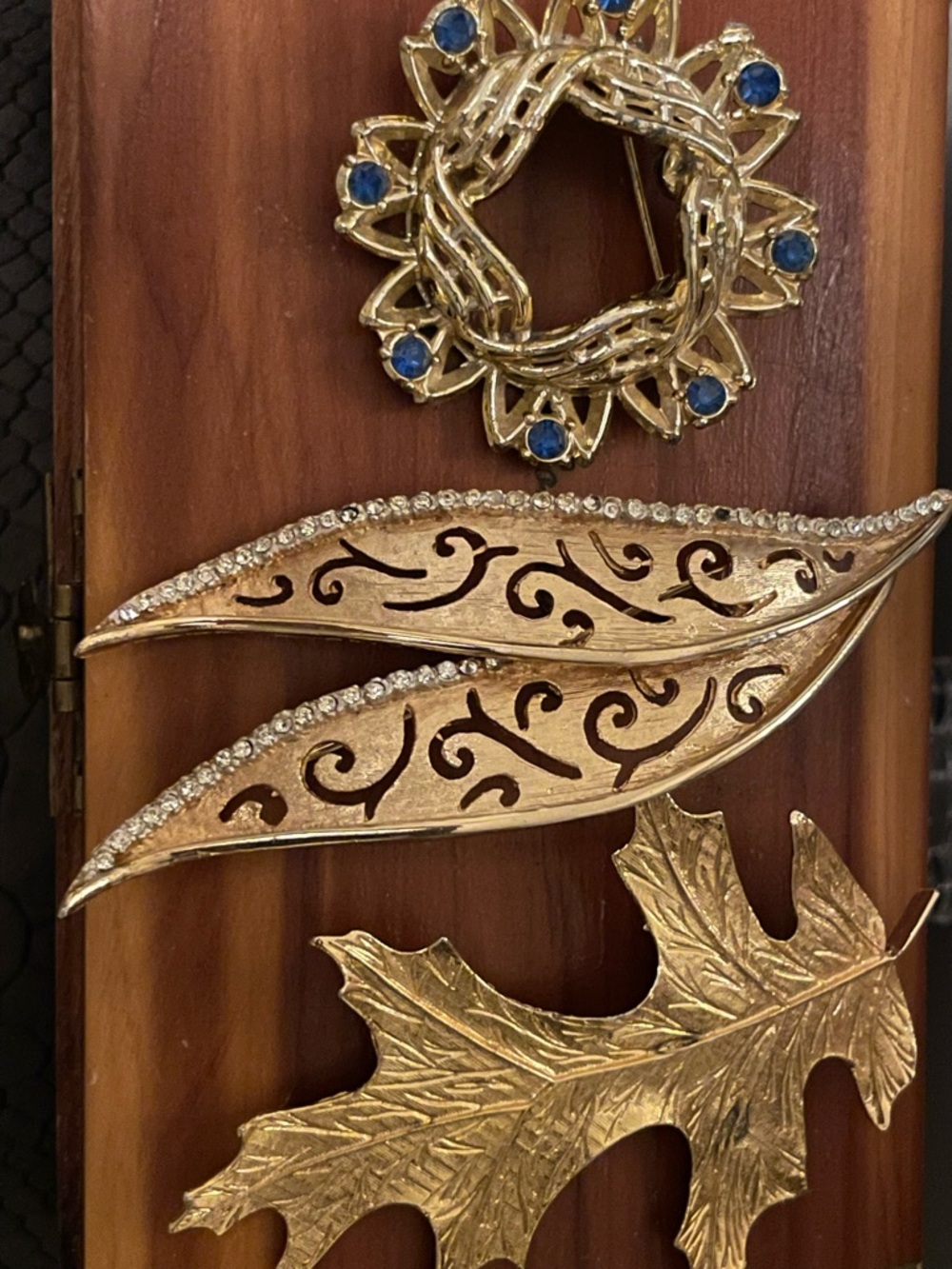Vintage Gold Leaf and Blue Rhinestone Brooch Set